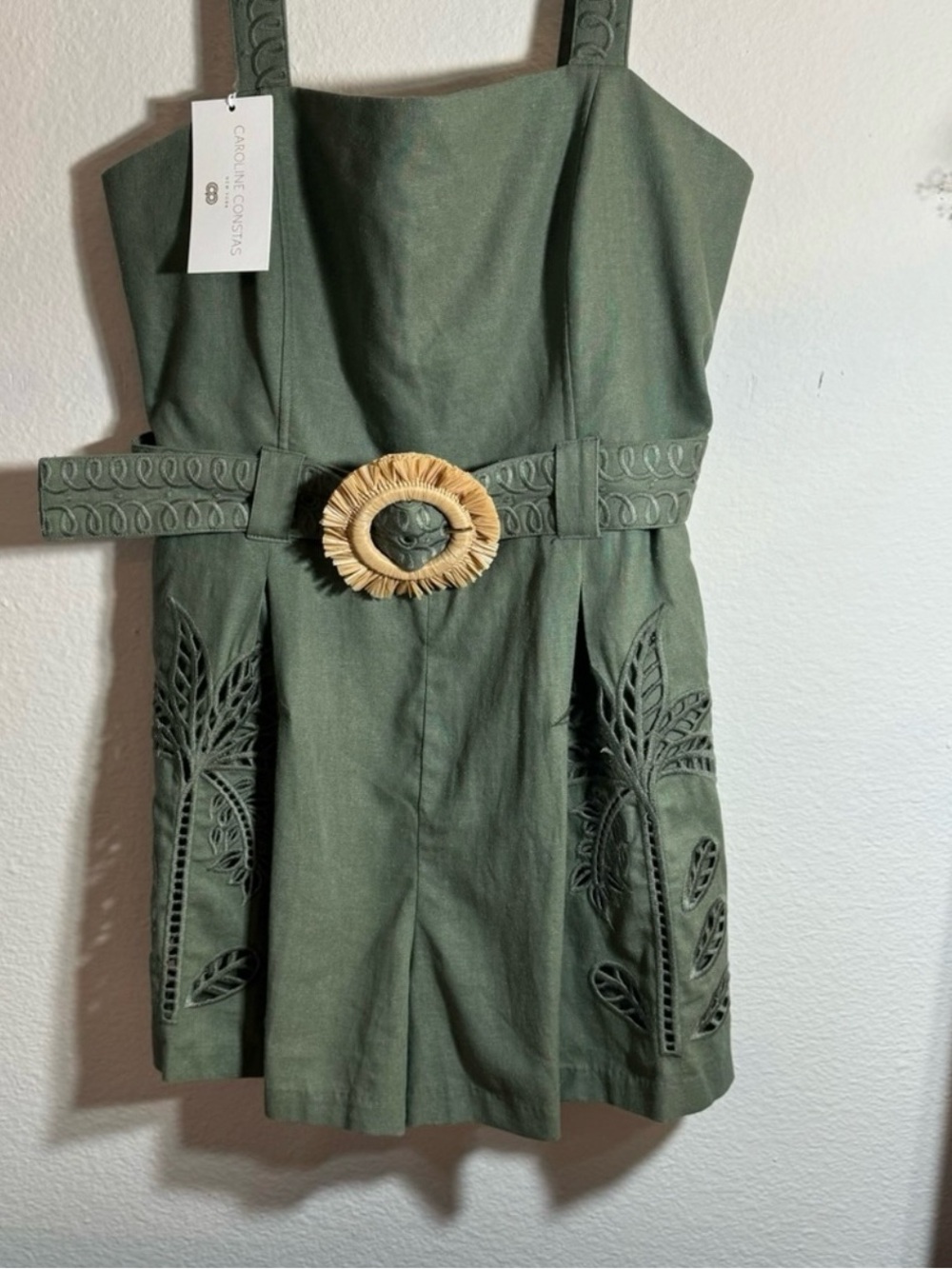 NWT Caroline Constas Green Linen-Blend Romper – Palms Embroidery, Size M